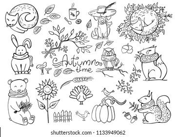 Set of doodle autumn animals isolated on white. Fox, bear, squirrel, hare, owl, cat, dog. Vector illustration. Perfect for coloring book, greeting card, print.