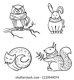 Set of doodle autumn animals isolated on white. Squirrel, hare, owl, cat. Vector illustration. Perfect for coloring book, greeting card, print.
