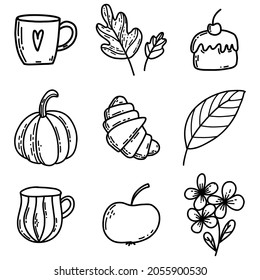 Set of doodle autumn elements isolated on white. Vector illustration of cup, leaves, pumpkin, flower, croissant, cake, apple for coloring book, greeting card, print.