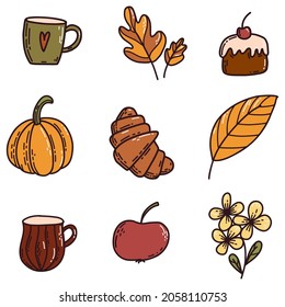Set of doodle autumn elements isolated on white. Vector illustration of cup, leaves, pumpkin, flower, croissant, cake, apple for coloring book, greeting card, print.