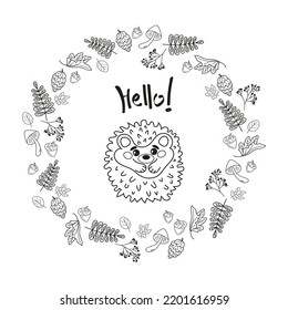Set of doodle autumn elemetns and hedgehog on white. Cute vector frame for coloring book, greeting card, print.