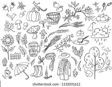 Set of doodle autumn elemetns isolated on white. Pupkin, hat, sunflower, cup,tree, mushrooms, poultry, apples, wheat. Vector illustration. Perfect for coloring book, greeting card, print.