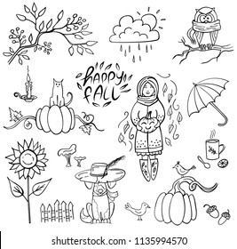 Set of doodle autumn elemetns and lettering Happy Fall on white.  Branch, cup, mushrooms, girl, pumpkin, sunflower, dog in hat. Vector illustration. Perfect for coloring book, greeting card, print.