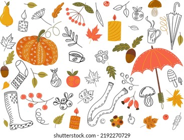 set of doodle autumn items in flat style isolated