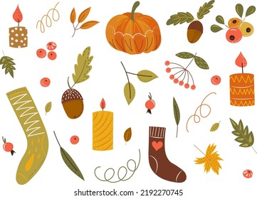 set of doodle autumn items in flat style isolated, vector