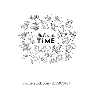 A set of doodle autumn leaves, mushrooms, berries and lettering Autumn Time. Vector illustration on a white background. Doodle Style