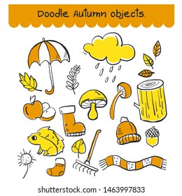 Set of doodle Autumn object in orange and yellow color.