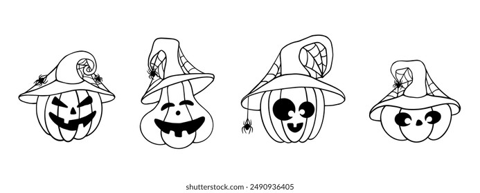 Set of doodle autumn pumpkin characters with cobwebs and spiders.Cartoon vector graphics.