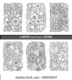 Set of doodle background in vector with doodles, flowers and paisley. Vector ethnic pattern can be used for wallpaper, pattern fills, coloring books and pages for kids and adults. Black and white.