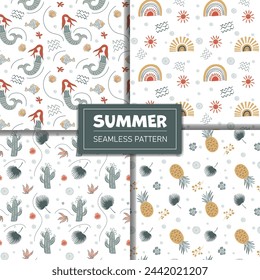 Set of doodle backgrounds with rainbow, sun, mermaid and pineapple. Cute simple summertime patterns. 