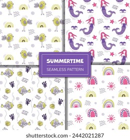 Set of doodle backgrounds with rainbow, sun, mermaid and fish. Cute simple summertime patterns. 
