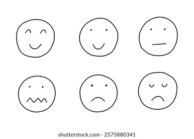 Set Doodle Basic Smile Unhappy Face. Collection Simple Emoji Character. Hand Drawn Vector Isolated Illustration