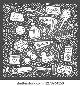 Set of doodle bathroom and hygiene icons isolated on the blackboard.