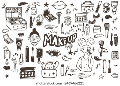 Set von Doodle Schönheit Make-up. In: Cosmetics Elemente. Pinsel, Lidschatten, Mascara, Spiegel, Creme, Lippenstift, Nagellack, Foundation, Parfüm. Girl Doing Make-up Outline Vektorillustration