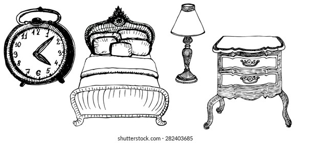 Set of doodle bed, alarm clock,lamp,ladies' table, vector EPS 8. Sketch illustration.