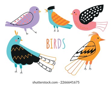 Conjunto de pájaros garabatos. Colección de elementos gráficos para el sitio web. Ornitología, zoología y biología. Animales con plumas y alas. Ilustraciones de caricaturas de vectores planos aisladas en fondo blanco