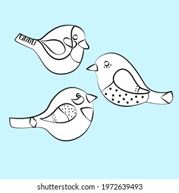 Set doodle birds with different patterns. Hand drawing cute characters on blue background. Flying birds. Vector illustration