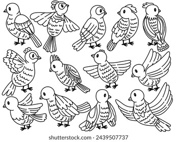 Set doodle birds line. Vector illustration