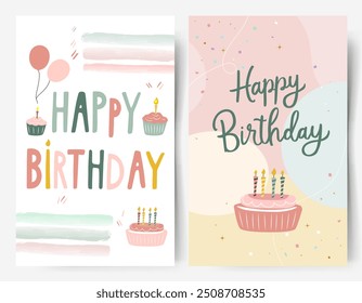 Set of doodle birthday cards, hand drawn style. Handwritten lettering Happy Birthday. Greeting card design in pastel colors. 