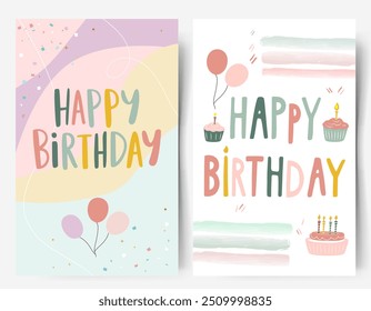 Conjunto de tarjetas de cumpleaños doodle, estilo dibujado a mano. Letras escritas a mano. Diseño de tarjeta de felicitación en colores pastel. 