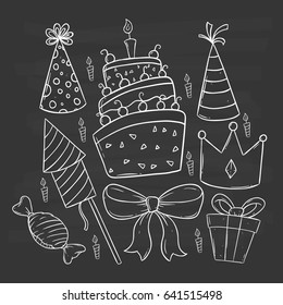 set of doodle birthday party icons with candy, cake, ribbon and gift box on chalkboard background