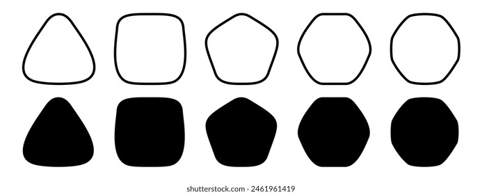 Set of doodle black geometric figures with rounded corners. Triangle, square or squircle, pentagon, hexagon and octagon shapes isolated on white background. Vector graphic illustration.