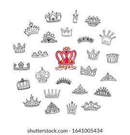 Set of doodle black line crowns and diadems sketch vector illustration isolated on white background. Royal persons, kings and queens heraldic elements.