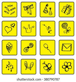 Set of doodle black outline yellow background icons, congratulations theme made in vector. Idea, businessman, creative thinking, progress, graphs and all other kinds of business related elements.