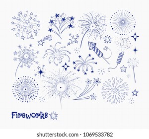 Set of doodle blue pen sketch firework and fireckrackers on lined paper