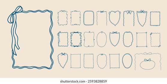 Set of doodle border frame design. Vintage ribbon bow line art corner sketch. Hand drawn coquette trendy cute wedding, menu, birthday invitation border card template. Vector outline illustration
