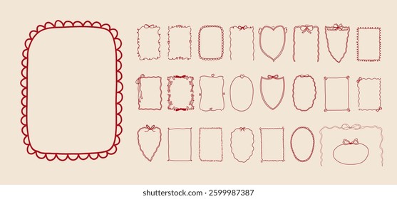 Set of doodle border ribbon bow frame design. Vintage line art corner sketch. Hand drawn coquette trendy cute wedding, menu, birthday invitation border card template. Vector outline illustration