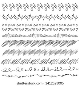Set of doodle borders elements. Black and white linear pattern. Sketch style vector collection.