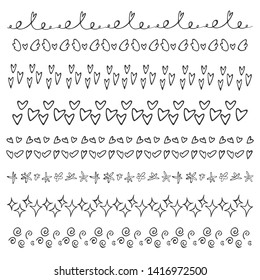 Set of doodle borders elements. Black and white linear pattern. Sketch style vector collection.