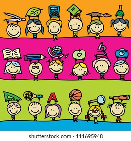Set of doodle borders of happy kids go back to school