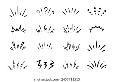 Set of doodle brush signs inspiration, surprise, attention, question, shock, concentration. Sketch stroke lines.