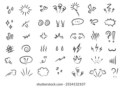 Set of doodle brush signs inspiration, surprise, attention, question, love, idea, tears. Anime emotions. 