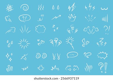 Set of doodle brush signs inspiration, surprise, attention, question, love, idea, tears. Anime emotions. 