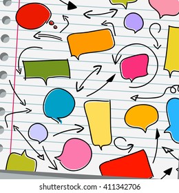 set of doodle bubble speech and arrows on white 