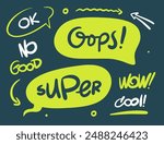 Set of doodle and bubble vector. Collection of speech bubble with text, arrow in funky groovy style.
