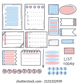 Set doodle bullet journal. Hand drawn elements for page, notepad, planner. Collection tags for notes diary isolated vector illustration