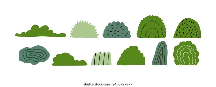 Set of doodle bushes of different shapes. Jungle, forest, nature. Hand drawn vector illustration in flat style.