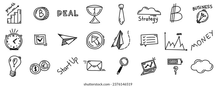 Set of doodle business icons, hand drawn growth finance elements. Lamp idea, target, cloud, money plant, clock, paper plan. Sketch line vector success signs