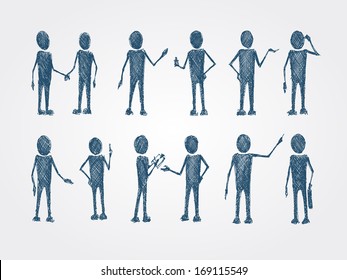 Set of doodle business people collaboration isolated vector illustration