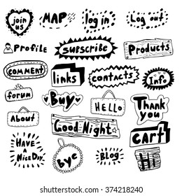Set of doodle buttons for your blog or online store website. Hand drawn icons for handmade or cosmetic online store. Set of 22 black doodle signs.