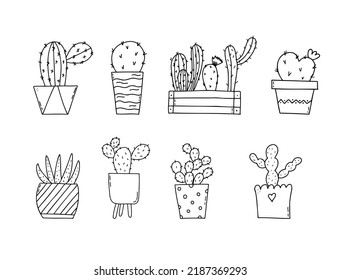 Set Of Doodle Cacti. Cute Cacti In Flower Pots.