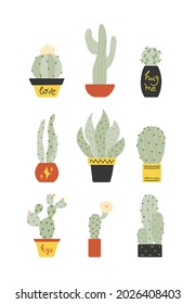 Set of doodle cacti in pots illustration. Cute vector drawings isolated on white background. Different kinds of cacti.