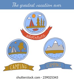 Set of doodle camping badges. EPS 10. No transparency. No gradients.