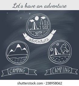 Set of doodle camping badges on blackboard. EPS 10. Transparency. No gradients.