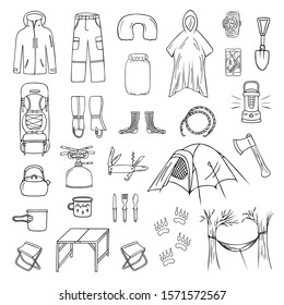 Set of doodle camping and trekking icons isolated on white background. Drawing of hiking equipment, accessories, clothes, etc. Black and white vector illustration