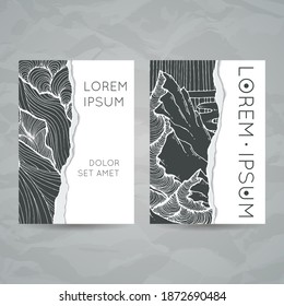 Conjunto de plantillas de carteles de doodle con elementos de paisaje dibujados a mano y montañas. Diseño de tinta monocromática simple y elegante. Ilustración vectorial. Plantilla de póster.